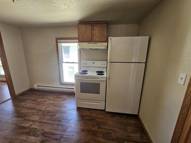 kitchen with a baseboard heating unit, under cabinet range hood, brown cabinetry, dark wood-type flooring, and white appliances