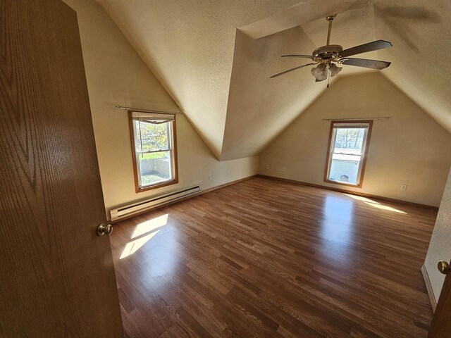 additional living space featuring a healthy amount of sunlight, vaulted ceiling, wood finished floors, and a baseboard radiator