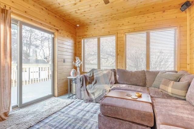 carpeted living room featuring wooden walls, plenty of natural light, and wood ceiling