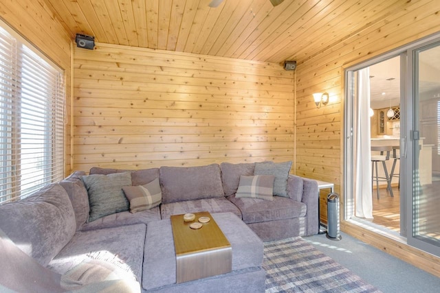 carpeted living area with wood walls and wooden ceiling