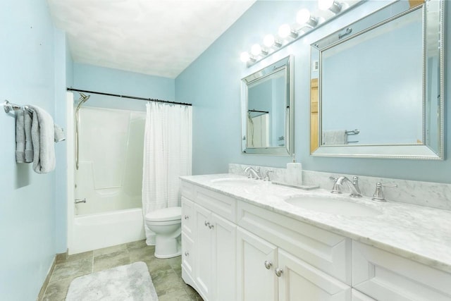 full bath with double vanity, toilet, shower / bathtub combination with curtain, and a sink