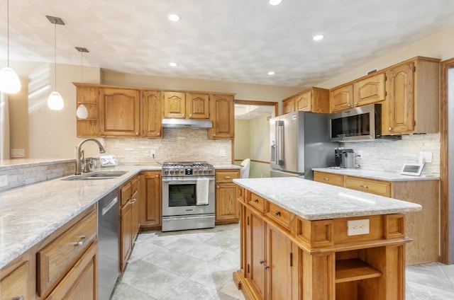 kitchen with open shelves, light stone countertops, under cabinet range hood, stainless steel appliances, and a sink