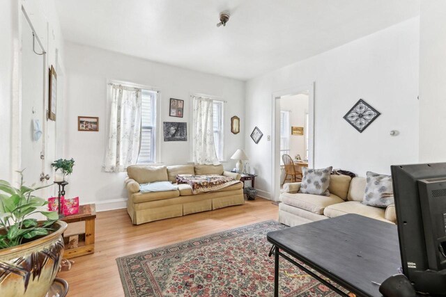 living room with baseboards and light wood-type flooring