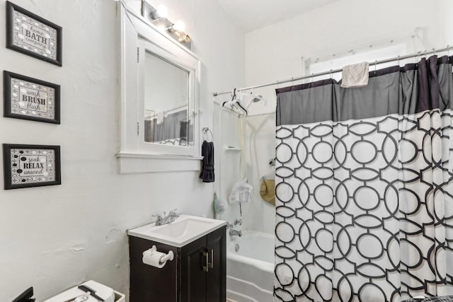 full bathroom with vanity and shower / bath combination with curtain