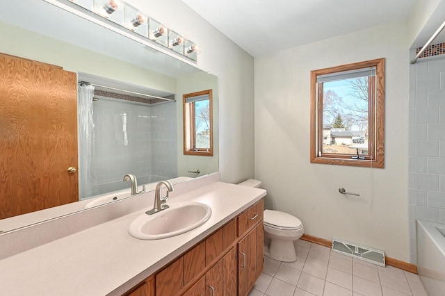 full bath featuring vanity, baseboards, visible vents, tile patterned floors, and toilet