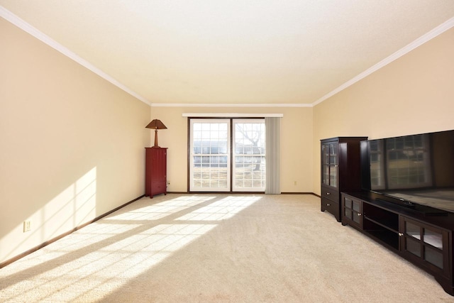 living room featuring light carpet, baseboards, and ornamental molding