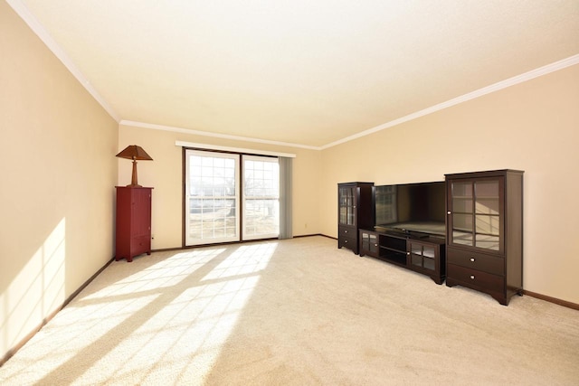 carpeted living room with baseboards and ornamental molding