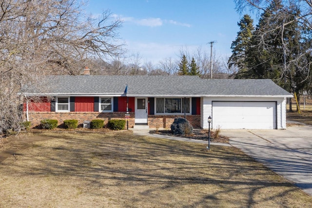 ranch-style house with concrete driveway, brick siding, a garage, and a chimney