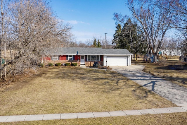 ranch-style house with a front lawn, an attached garage, covered porch, and driveway