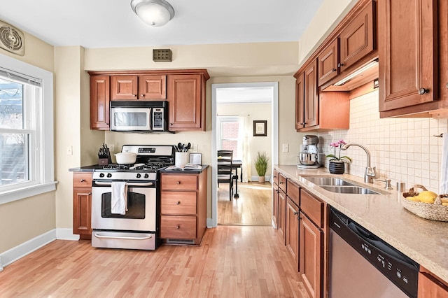 kitchen with a sink, decorative backsplash, stainless steel appliances, light wood-style floors, and brown cabinets