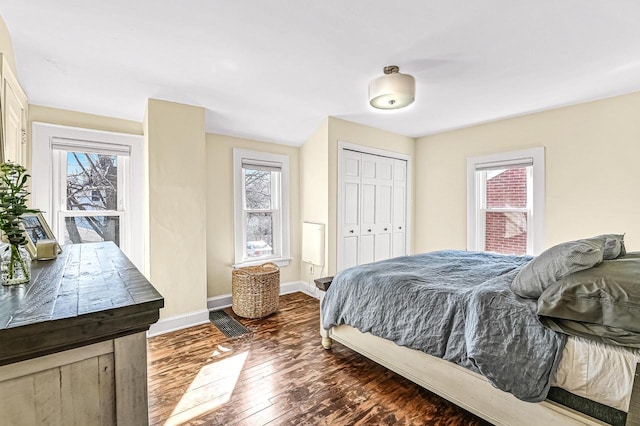 bedroom featuring multiple windows, wood finished floors, baseboards, and a closet