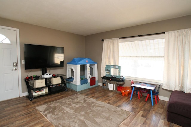 game room featuring a healthy amount of sunlight, baseboards, and wood finished floors