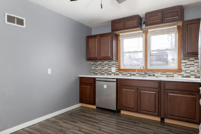 kitchen with tasteful backsplash, visible vents, a sink, and stainless steel dishwasher