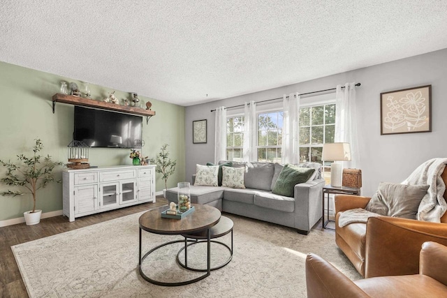 living area with baseboards, a textured ceiling, and wood finished floors