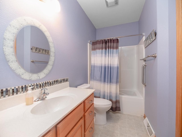 full bath featuring visible vents, toilet, vanity, and shower / bathtub combination with curtain