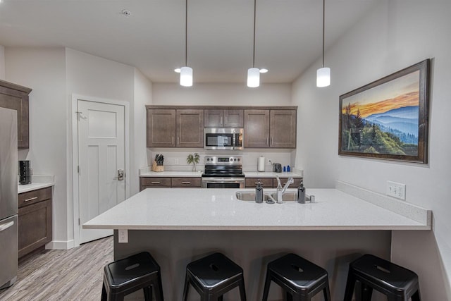 kitchen featuring a kitchen breakfast bar, light wood finished floors, appliances with stainless steel finishes, and a sink