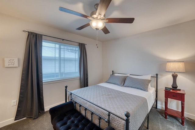 bedroom featuring carpet flooring, ceiling fan, and baseboards