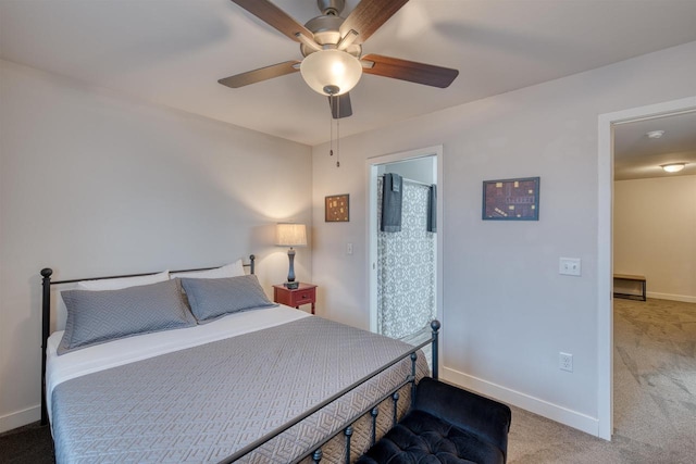 carpeted bedroom featuring a ceiling fan and baseboards