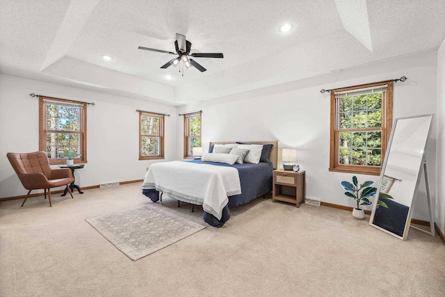 carpeted bedroom with a tray ceiling, multiple windows, a textured ceiling, and visible vents