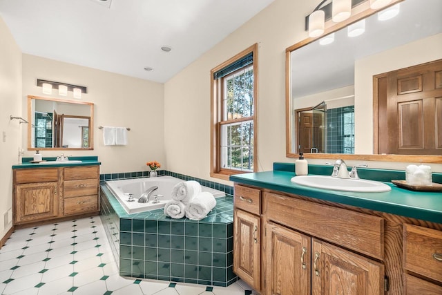 bathroom with a bath, a shower stall, two vanities, and a sink