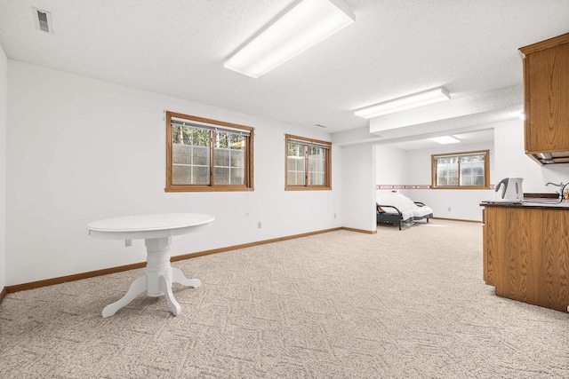 interior space with light carpet, visible vents, a textured ceiling, and baseboards