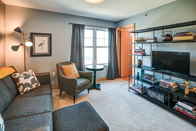 living area with baseboards and carpet floors