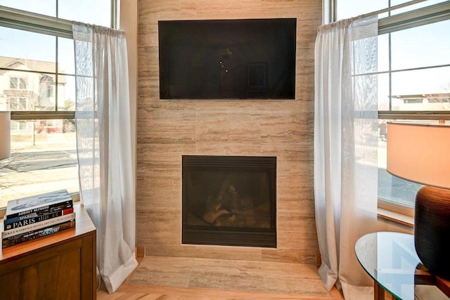 details featuring a glass covered fireplace