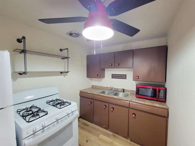 kitchen featuring ceiling fan, white appliances, light wood-type flooring, and a sink