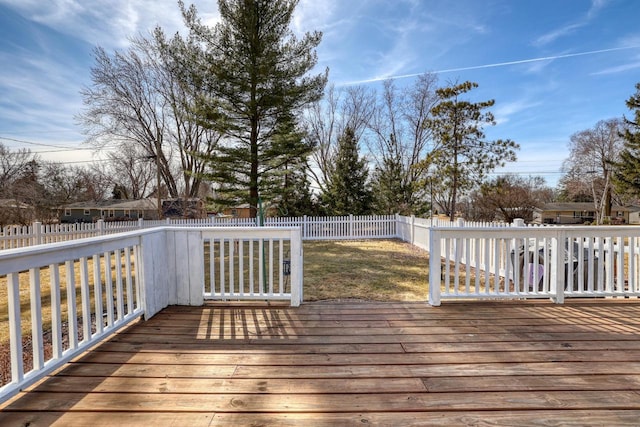 deck featuring a lawn and a fenced backyard