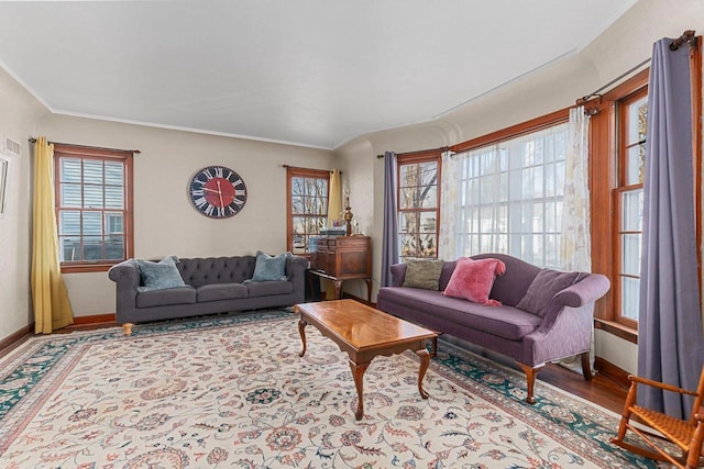 living room featuring crown molding, wood finished floors, and baseboards