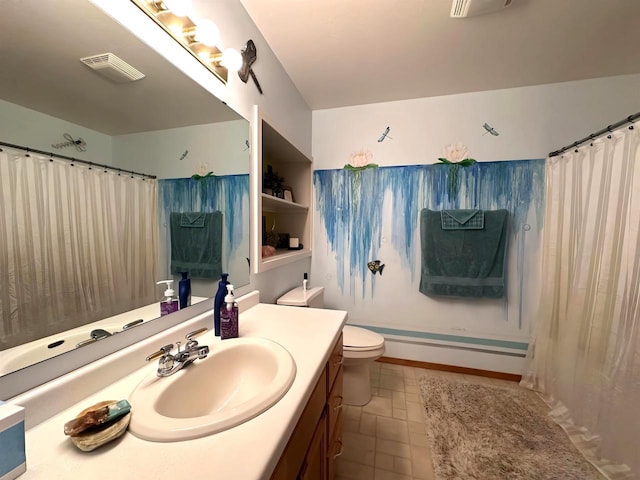 full bath with visible vents, toilet, curtained shower, and vanity