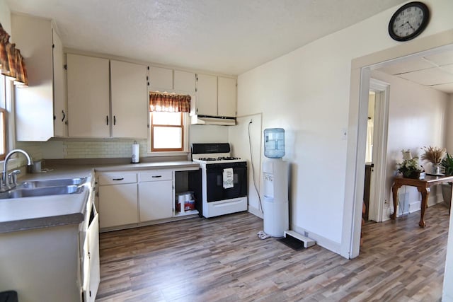 kitchen with white gas stove, a sink, under cabinet range hood, wood finished floors, and decorative backsplash