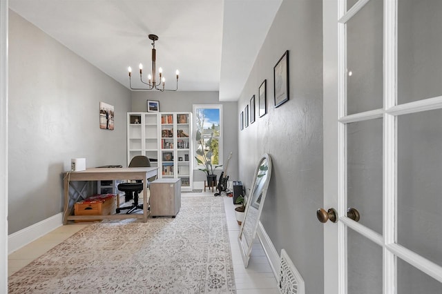 office area with visible vents, baseboards, an inviting chandelier, and tile patterned flooring