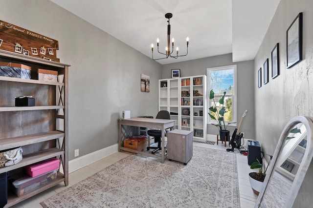 home office with tile patterned flooring, baseboards, and an inviting chandelier