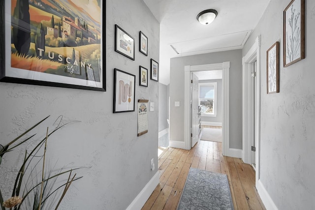 corridor with hardwood / wood-style flooring, attic access, and baseboards