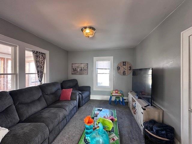 living area featuring baseboards and dark carpet