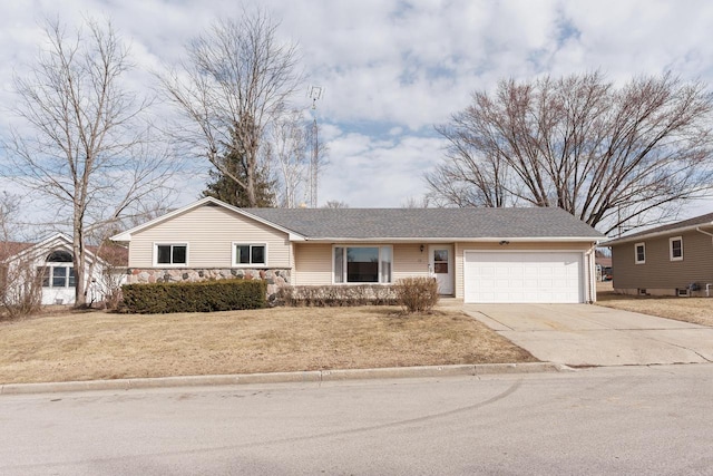 ranch-style home featuring stone siding, an attached garage, concrete driveway, and a front lawn