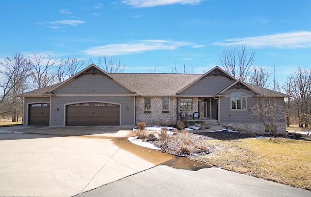 single story home featuring driveway, brick siding, roof with shingles, and an attached garage