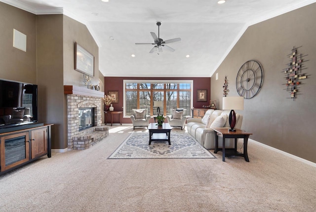 carpeted living room featuring lofted ceiling, a fireplace, baseboards, and ornamental molding