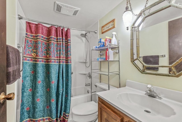 bathroom with vanity, shower / bath combo with shower curtain, toilet, and visible vents