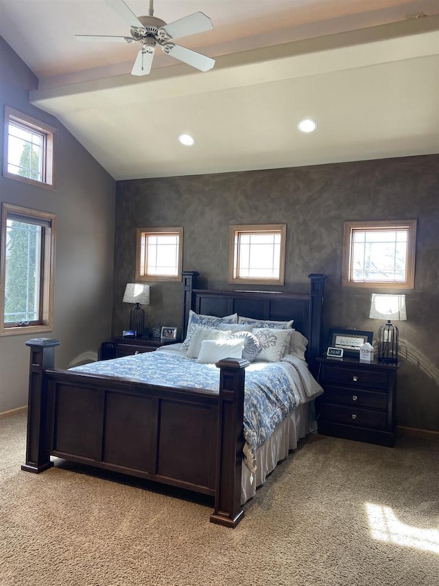 bedroom featuring recessed lighting, multiple windows, light colored carpet, and lofted ceiling with beams