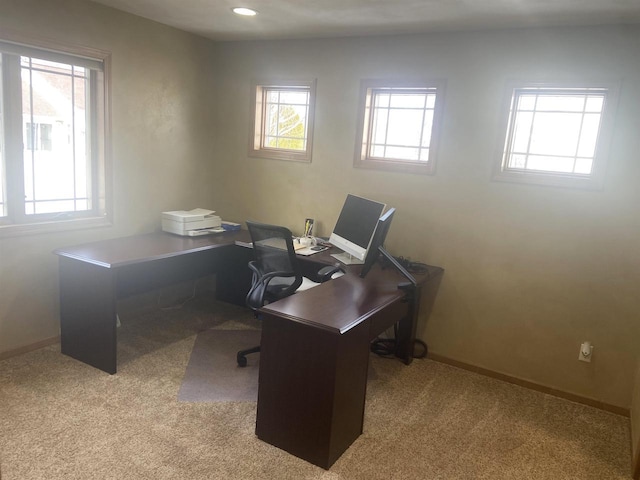 carpeted home office featuring recessed lighting, baseboards, and plenty of natural light