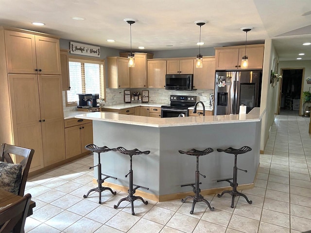 kitchen featuring range with electric cooktop, stainless steel refrigerator with ice dispenser, black microwave, light countertops, and light tile patterned floors