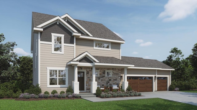 craftsman-style home featuring stone siding, a garage, driveway, and a shingled roof