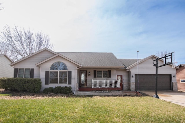 ranch-style home featuring a shingled roof, a front lawn, concrete driveway, covered porch, and an attached garage