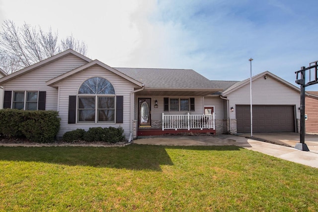 single story home with roof with shingles, a porch, an attached garage, a front lawn, and concrete driveway