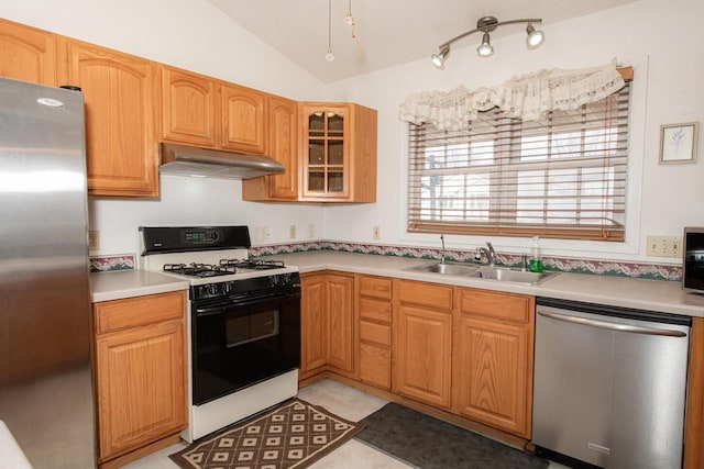 kitchen with a sink, stainless steel appliances, vaulted ceiling, glass insert cabinets, and under cabinet range hood