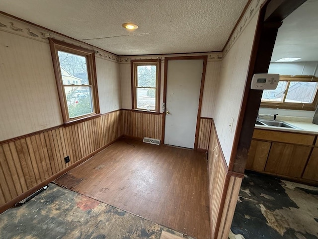 interior space featuring visible vents, wainscoting, a sink, hardwood / wood-style flooring, and a textured ceiling