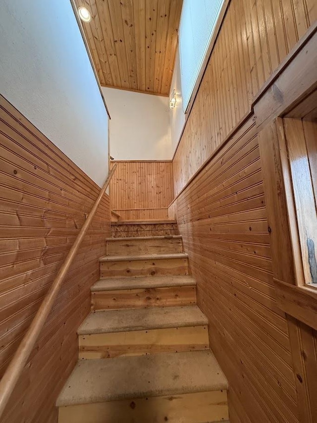 stairway with a skylight, wood walls, and wooden ceiling