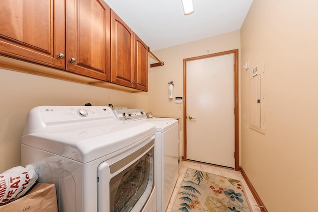 laundry room with electric panel, baseboards, cabinet space, and washing machine and dryer